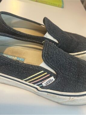 Vans Black Denim Slip-On Sneakers with Pastel Stripe Detail